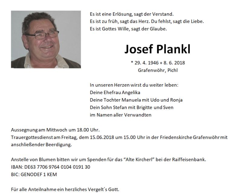 Traueranzeige Josef Plankl, Grafenwöhr