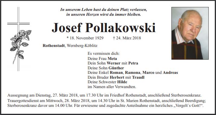 Traueranzeige Josef Pollakowski, Rothenstadt