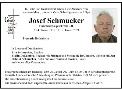 Traueranzeige Josef Schmucker, Pressath
