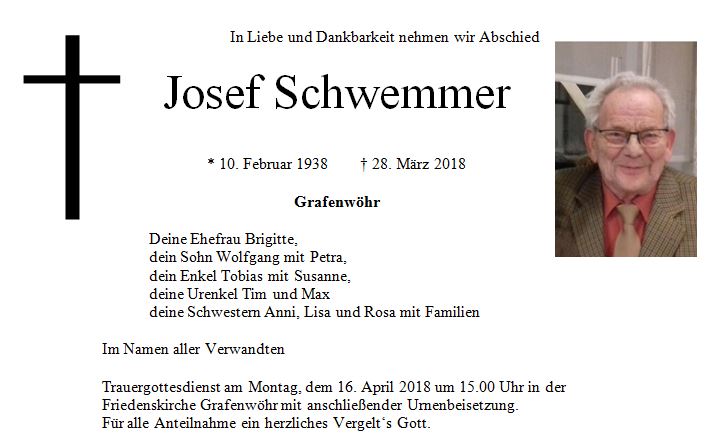 Traueranzeige Josef Schwemmer, Grafenwöhr