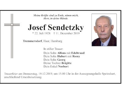 Traueranzeige Josef Sendetzky, Tremmersdorf