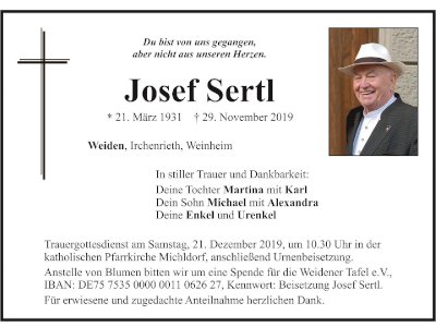 Traueranzeige Josef Sertl, Weiden