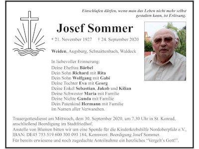 Traueranzeige Josef Sommer, Weiden