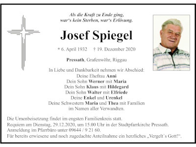 Traueranzeige Josef Spiegel, Pressath