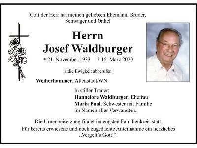Traueranzeige Josef Waldburger, Weiherhammer