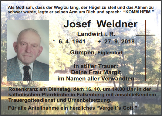 Traueranzeige Josef Weidner, Gumpen