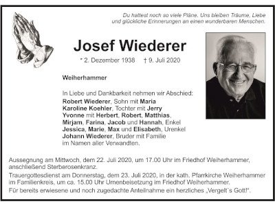 Traueranzeige Josef Wiederer, Weiherhammer