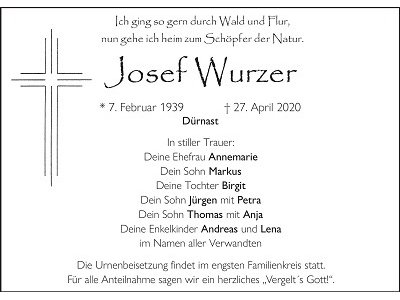 Traueranzeige Josef Wurzer, Dürnast
