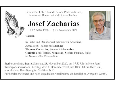 Traueranzeige Josef Zacharias, Weiden