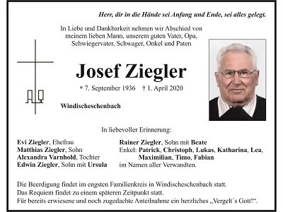 Traueranzeige Josef Ziegler, Windischeschenbach