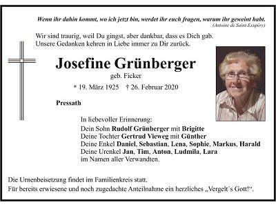 Traueranzeige Josefine Grünberger, Pressath
