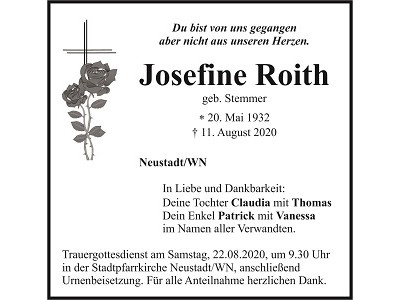 Traueranzeige Josefine Roith, Neustadt/WN