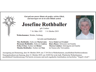 Traueranzeige Josefine Rothballer, Weiherhammer