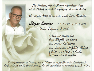 Traueranzeige Jürgen Rescher, Weiden