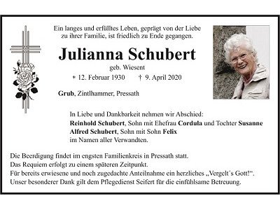 Traueranzeige Julianna Schubert, Grub