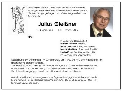 Traueranzeige Julius Gleißner, Pirk