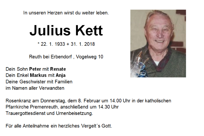 Traueranzeige Julius Kett, Reuth bei Erbendorf