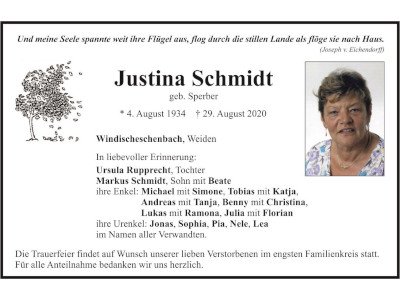 Traueranzeige Justina Schmidt, Windischeschenbach