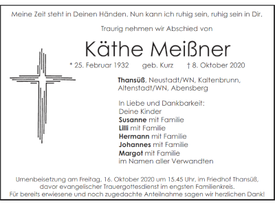 Traueranzeige Kathi Meißner, Thansüß