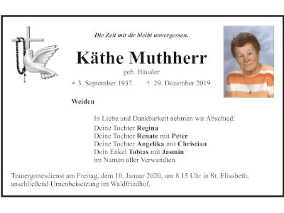 Traueranzeige Käthe Muthherr, Weiden