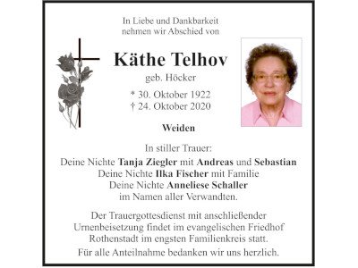 Traueranzeige Käthe Telhov, Weiden