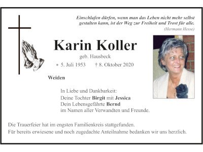 Traueranzeige Karin Koller, Weiden