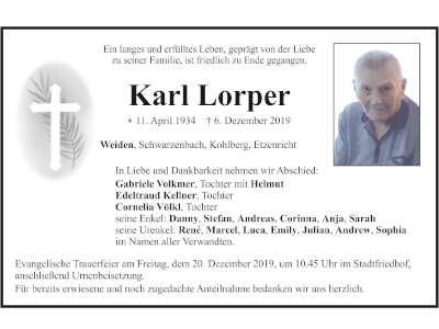 Traueranzeige Karl Lorper, Weiden