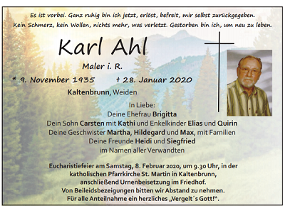 Traueranzeige Karl Ahl, Kaltenbrunn