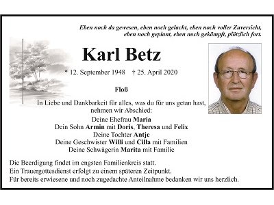 Traueranzeige Karl Betz, Floß