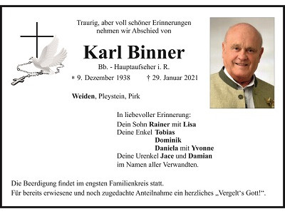 Traueranzeige Karl Binner, Weiden