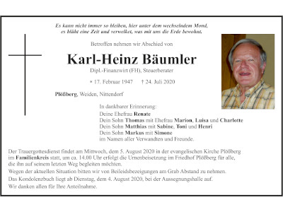 Traueranzeige Karl-Heinz Bäumler, Plößberg