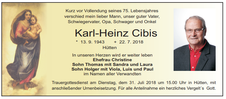 Traueranzeige Karl-Heinz Cibis, Hütten