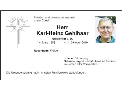 Traueranzeige Karl-Heinz Gehlhaar, Weiden