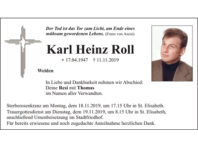 Traueranzeige Karl Heinz Roll, Weiden