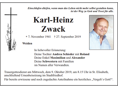 Traueranzeige Karl-Heinz Zwack, Weiden