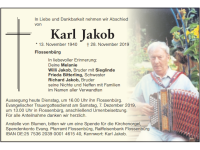 Traueranzeige Karl Jakob, Flossenbürg