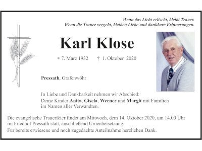 Traueranzeige Karl Klose, Pressath