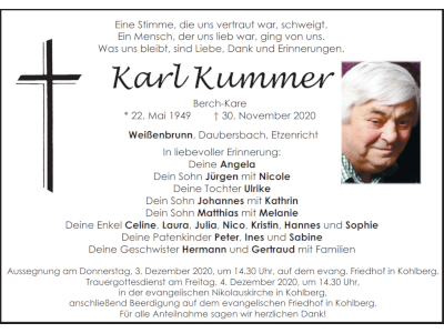 Traueranzeige Karl Kummer, Weißenbrunn