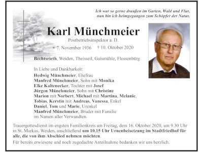 Traueranzeige Karl Münchmeier, Bechtsrieth