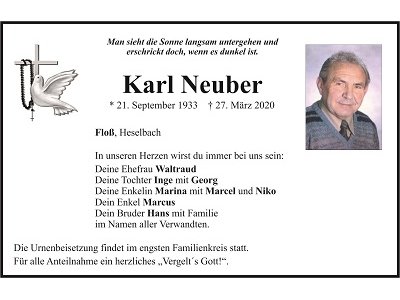 Traueranzeige Karl Neubert, Floß