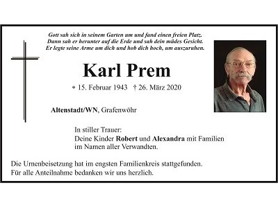 Traueranzeige Karl Prem, Altenstadt/WN