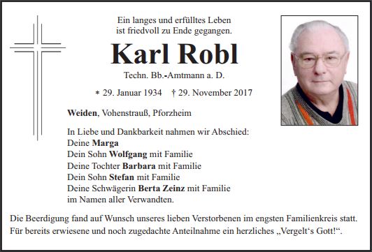 Traueranzeige Karl Robl, Weiden