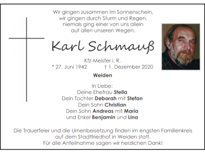 Traueranzeige Karl Schmauß, Weiden