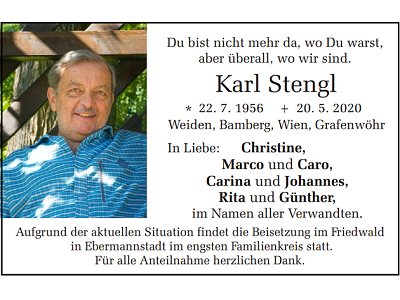 Traueranzeige Karl Stengl, Weiden