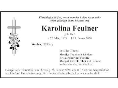 Traueranzeige Karolina Feulner, Weiden