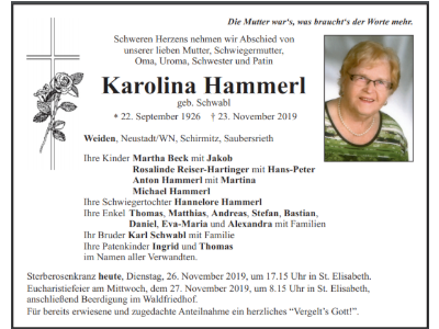 Traueranzeige Karolina Hammerl, Weiden