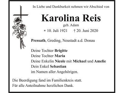 Traueranzeige Karolina Reis, Pressath