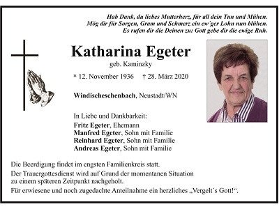 Traueranzeige Katharina Egeter, Windischeschenbach