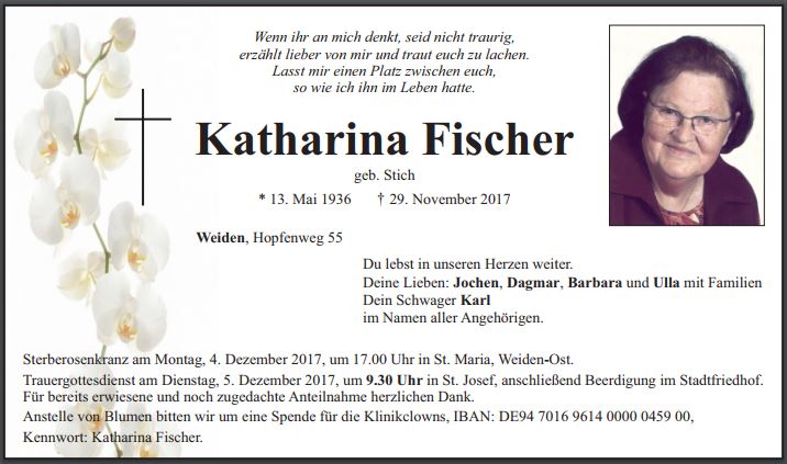 Traueranzeige Katharina Fischer, Weiden