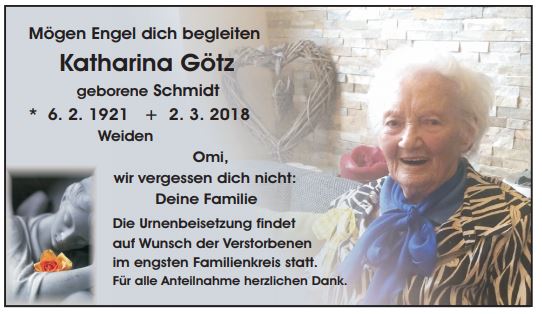 Traueranzeige Katharina Götz, Weiden